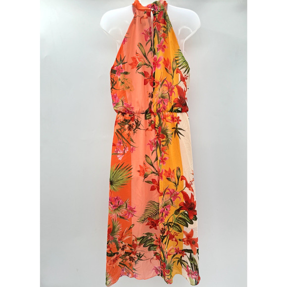 Maggy London Tropical Floral Halter Midi Dress Sz 6 Multicolor Hawaiian Wedding - Picture 3 of 12